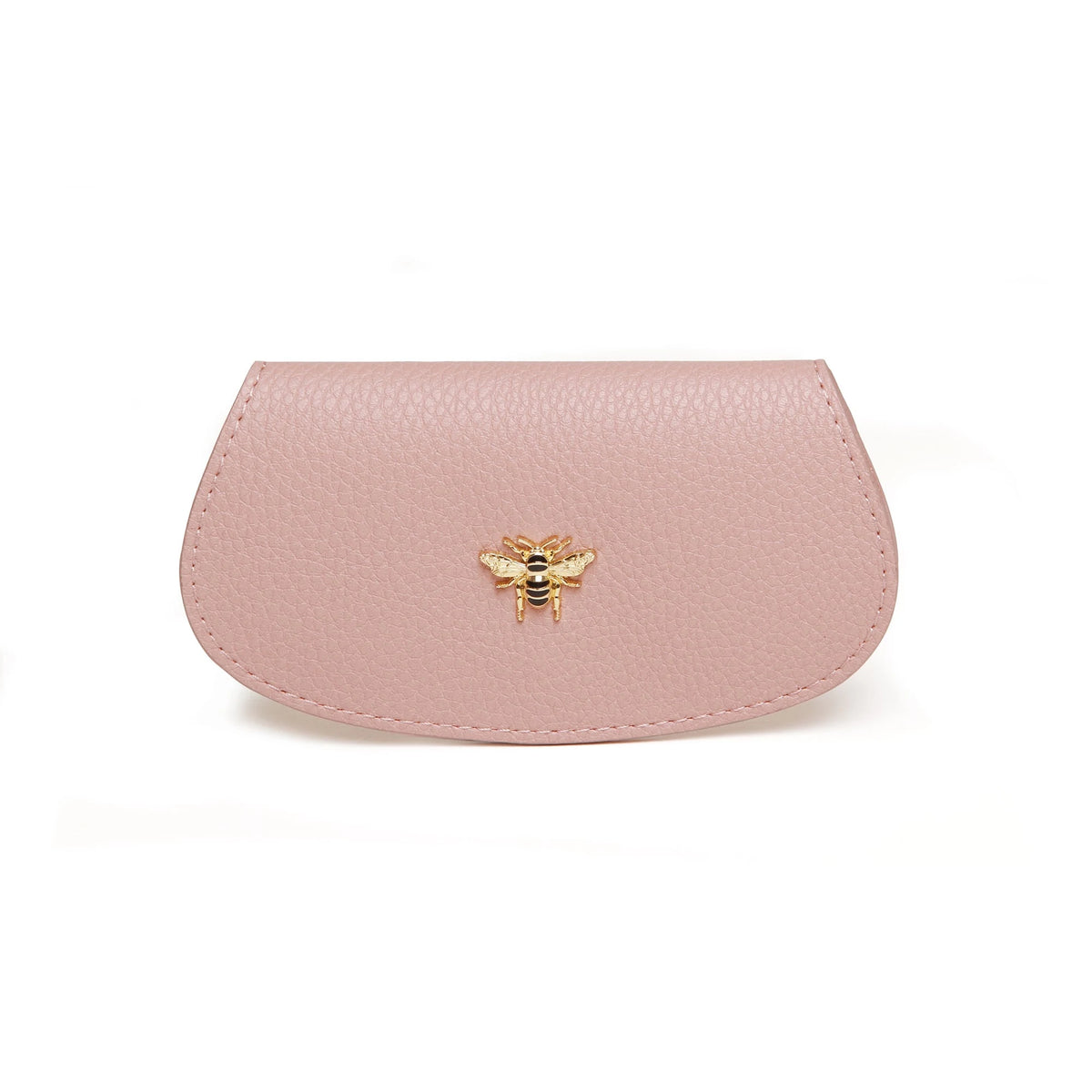 A pale pink glasses case with a textured vegan leather exterior and a honey bee charm on the front.