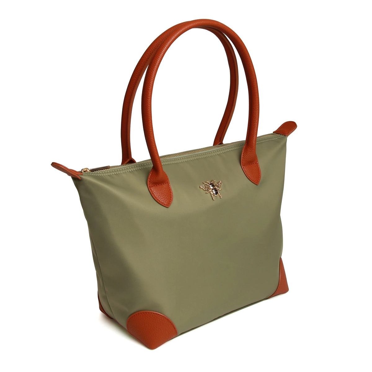 Large sage green Shoreditch bag with tan leather effect handles and accents by Alice Wheeler