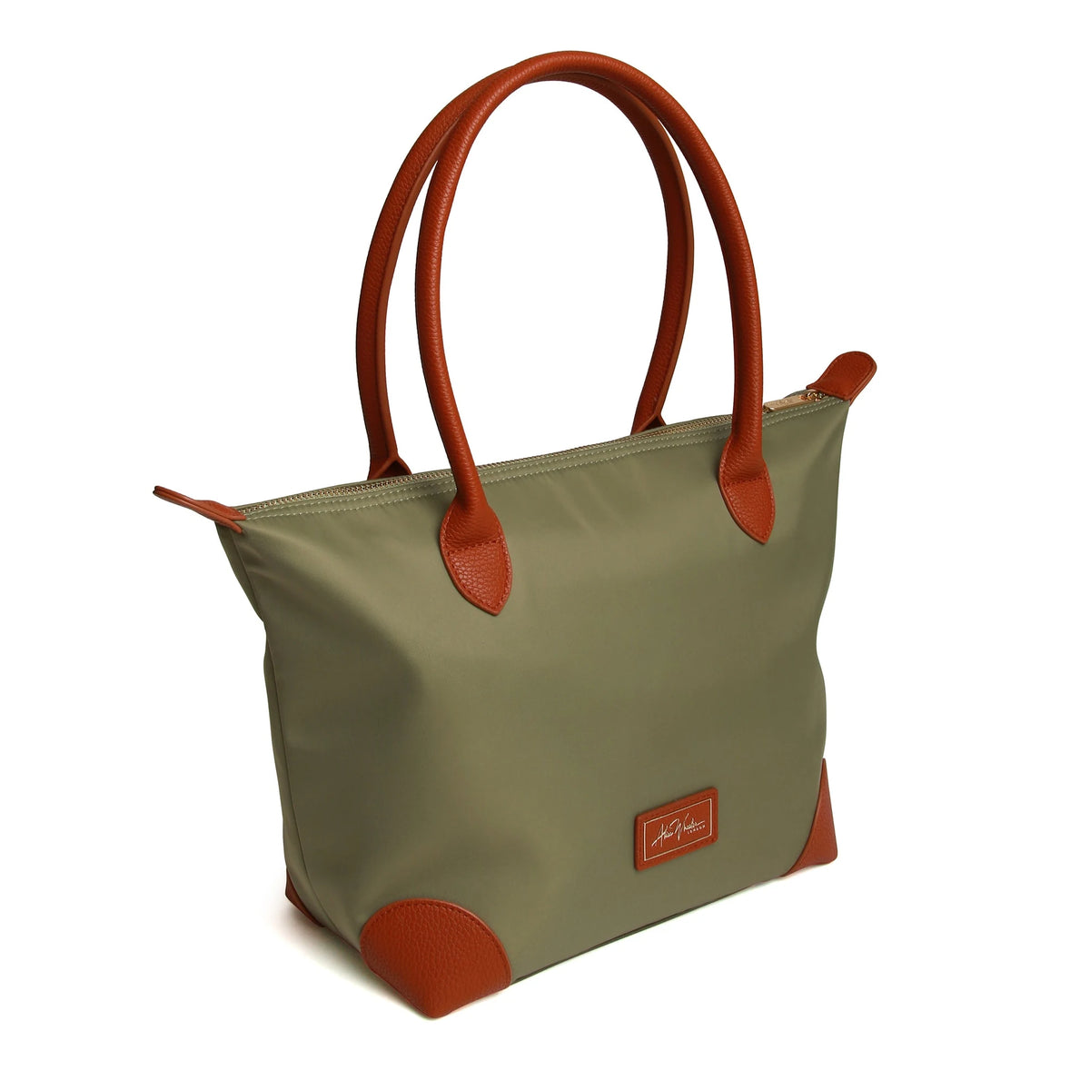 Alice Wheeler large sage green Shoreditch bag with tan leather effect handles and accents