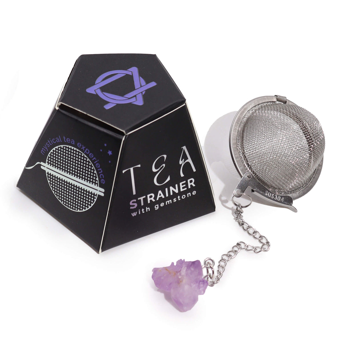 Tea strainer with purple amethyst cluster gemstone