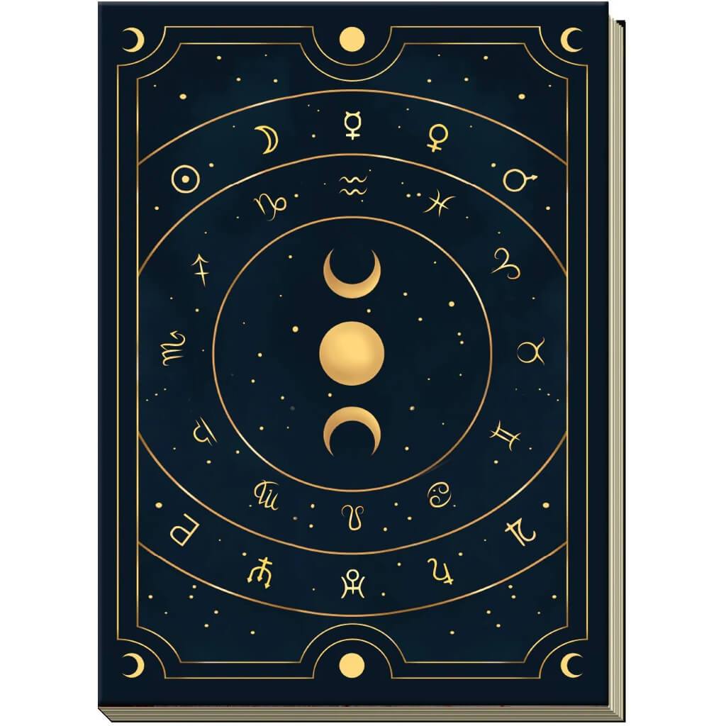 Decorative Astral Journal notebook cover with celestial design featuring moons, stars, and astrological symbols on a dark blue background.