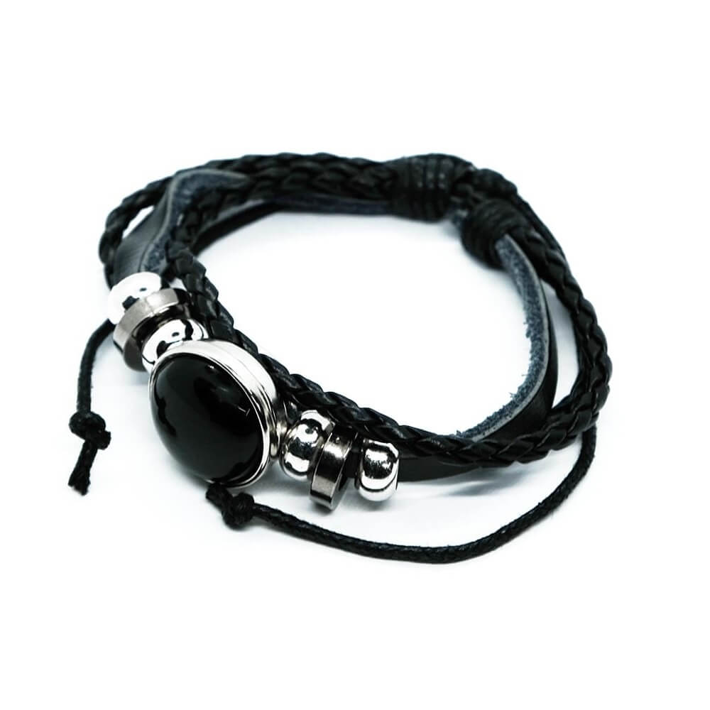 Leather and Black Obsidian Bracelet