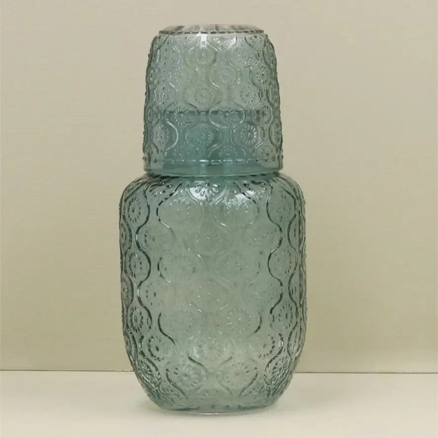 Blue Glass Daisy Water Carafe Set