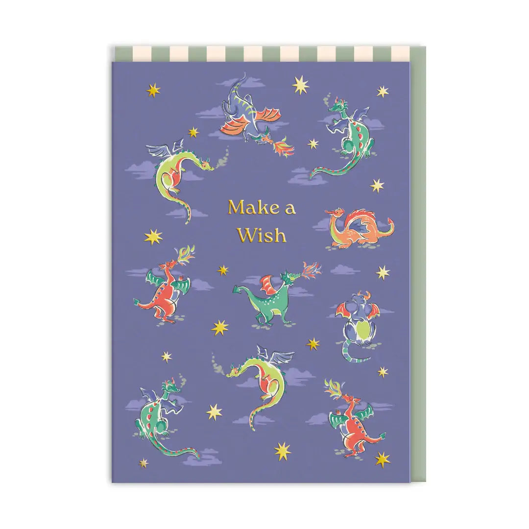 Cath Kidston Make a Wish Greeting Card with Colourful Dragons on Dark Blue background