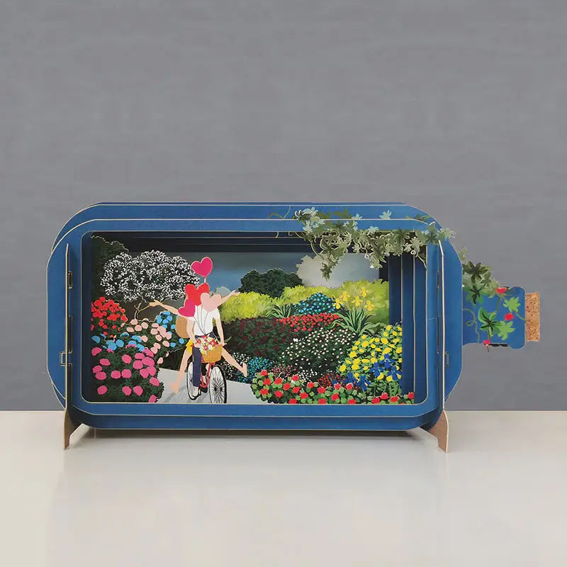 3D Message in a Bottle greeting Cardwith Couple on Bicycle with Flowers