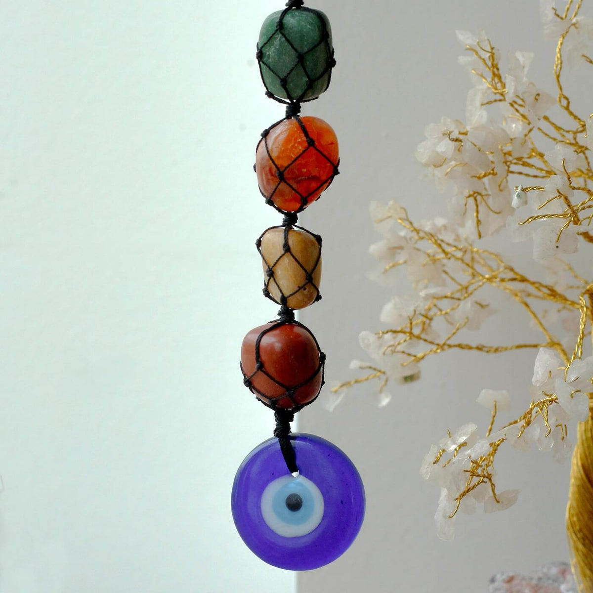 Hanging Chakra Stone Pendant with Blue Evil Eye