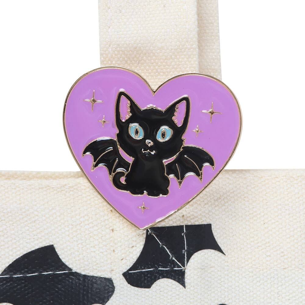 Cute and Creepy Cat Print Tote Bag with Enamel Pin Badge