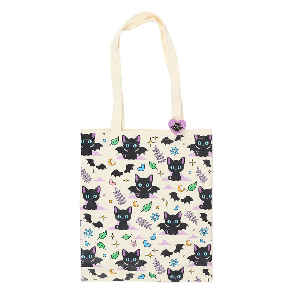 Cute and Creepy Cat Print Tote Bag with Enamel Pin Badge