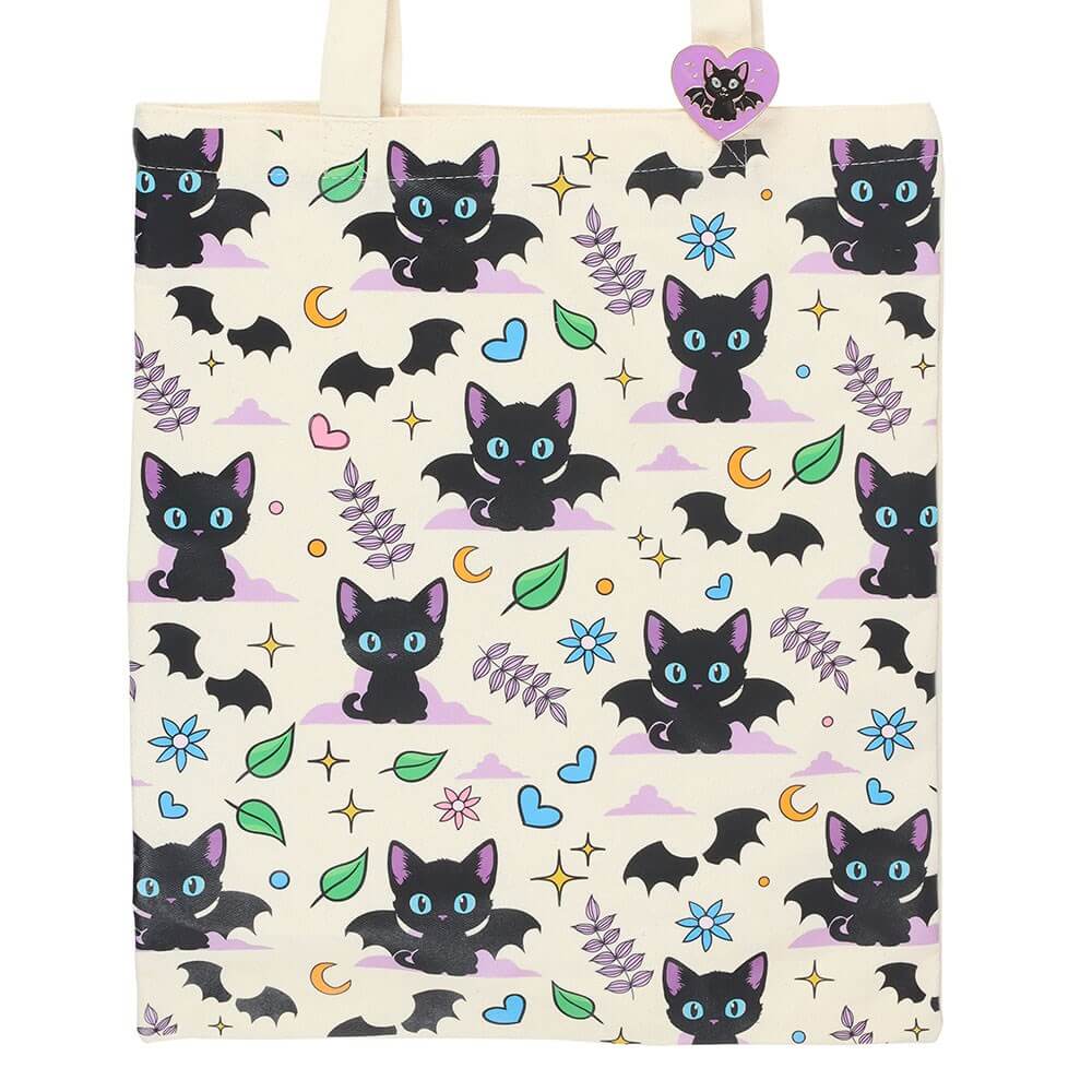 Cute and Creepy Cat Print Tote Bag with Enamel Pin Badge