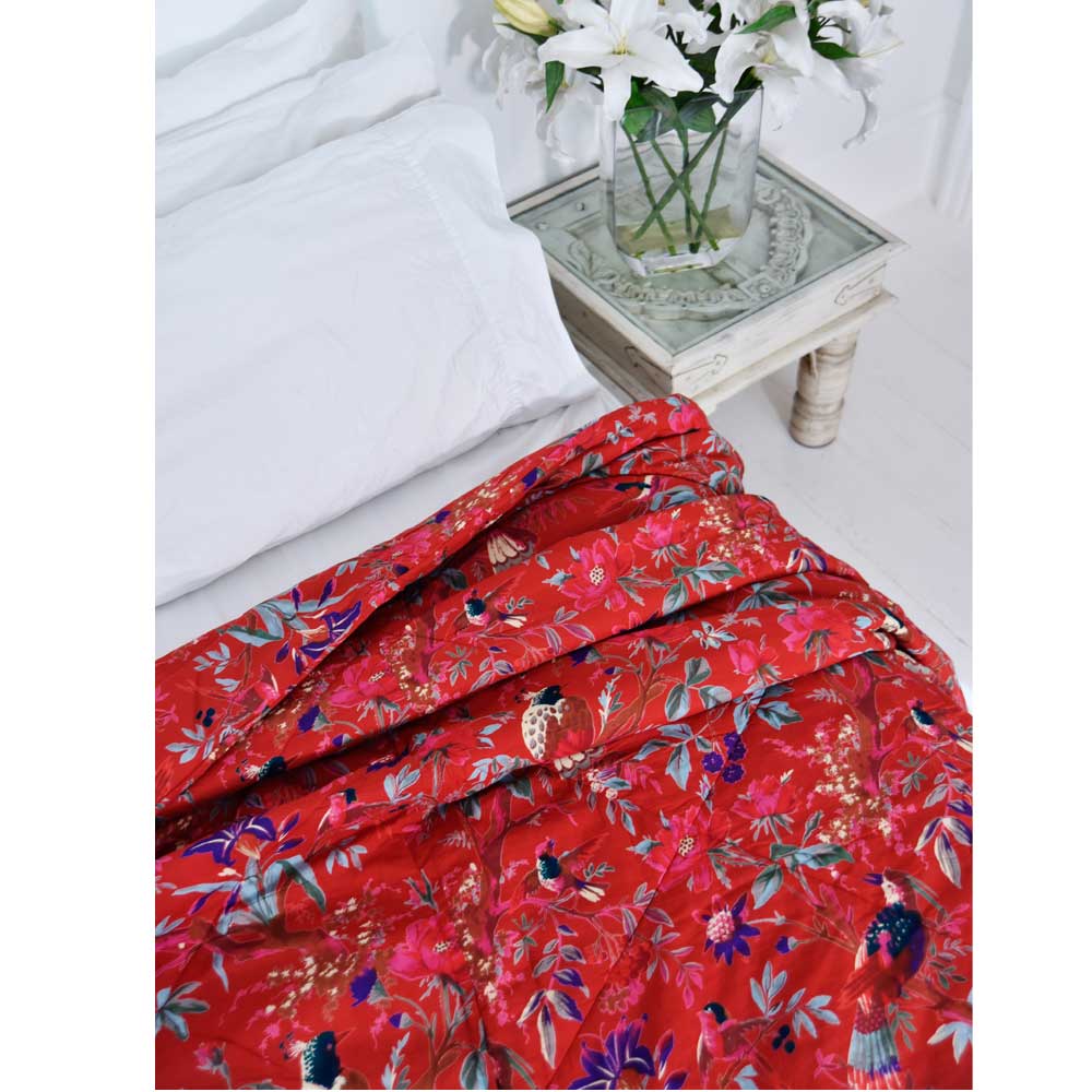 Red Bird Print Quilt / Throw
