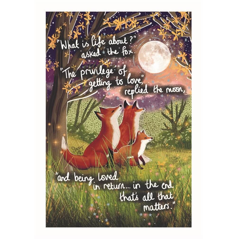 Fox Under The Moon Being Loved greeting card