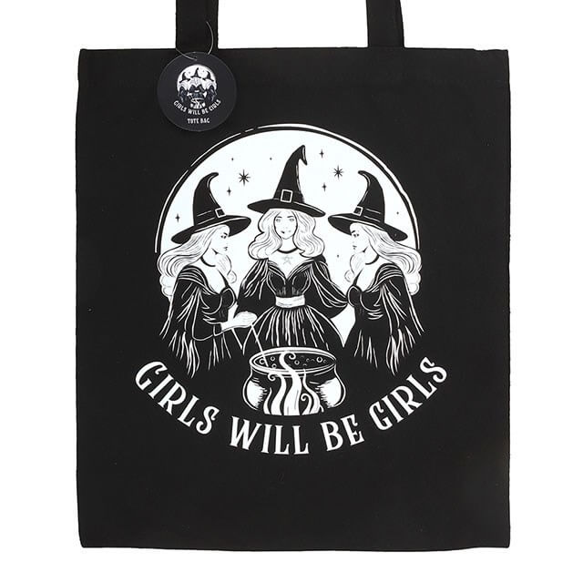 Black tote bag with white graphic of three witches and 'Girls Will Be Girls' in white text
