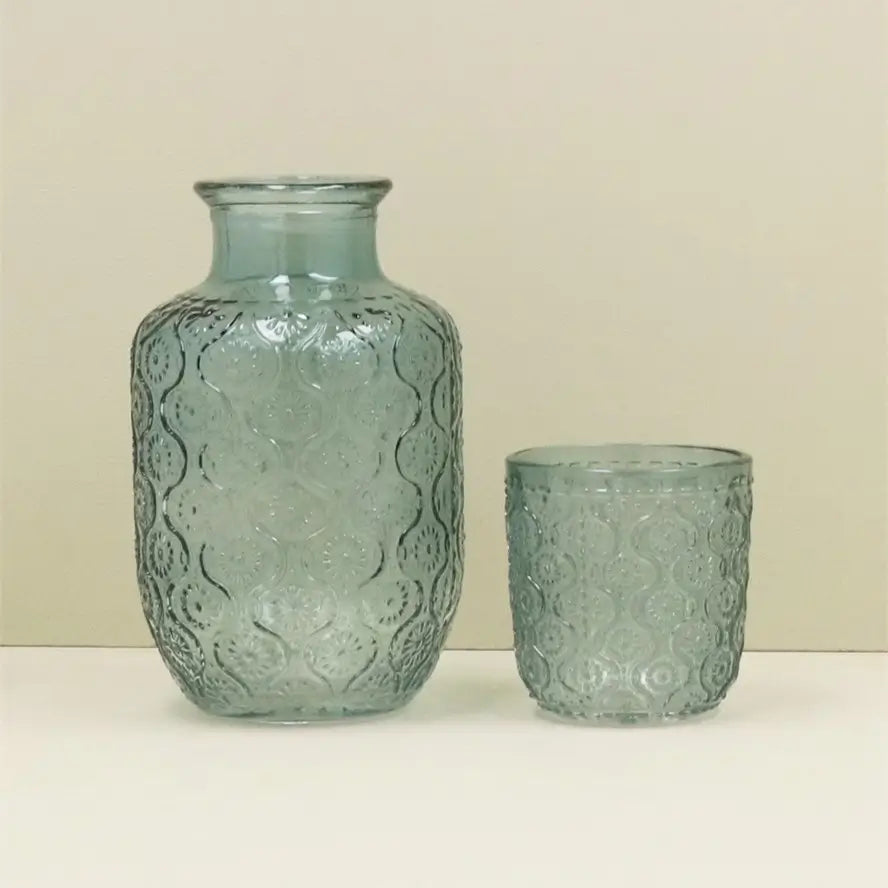 Blue Glass Daisy Water Carafe Set