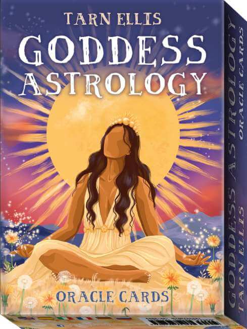 Goddess Astrology Oracle Cards packaging with a woman in a white dress and sun behind her.