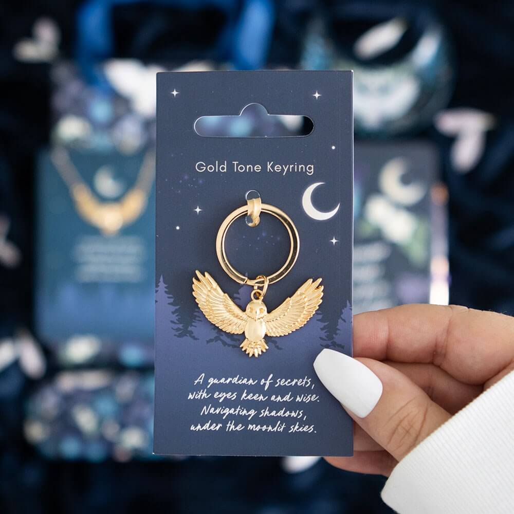 Gold Flying Night Owl Metal Keyring