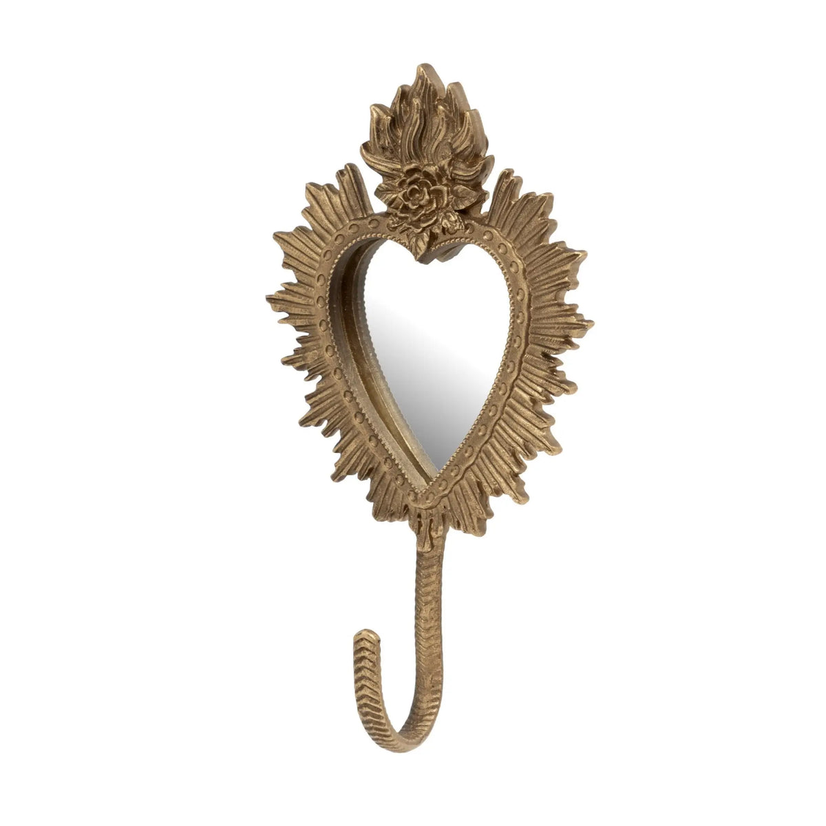 An ornate gold Sacred Heart style wall hook shaped like a heart, featuring a sunburst frame with a floral motif at the top and mirror inside.