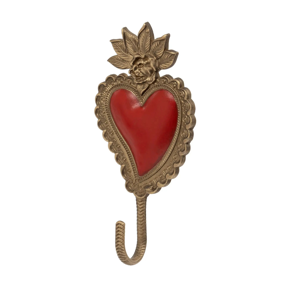 An ornate antique-style Sacred Heart shaped wall hook with a red enamel heart centre and a decorative gold-toned metal frame and hook, shown on a plain white background.