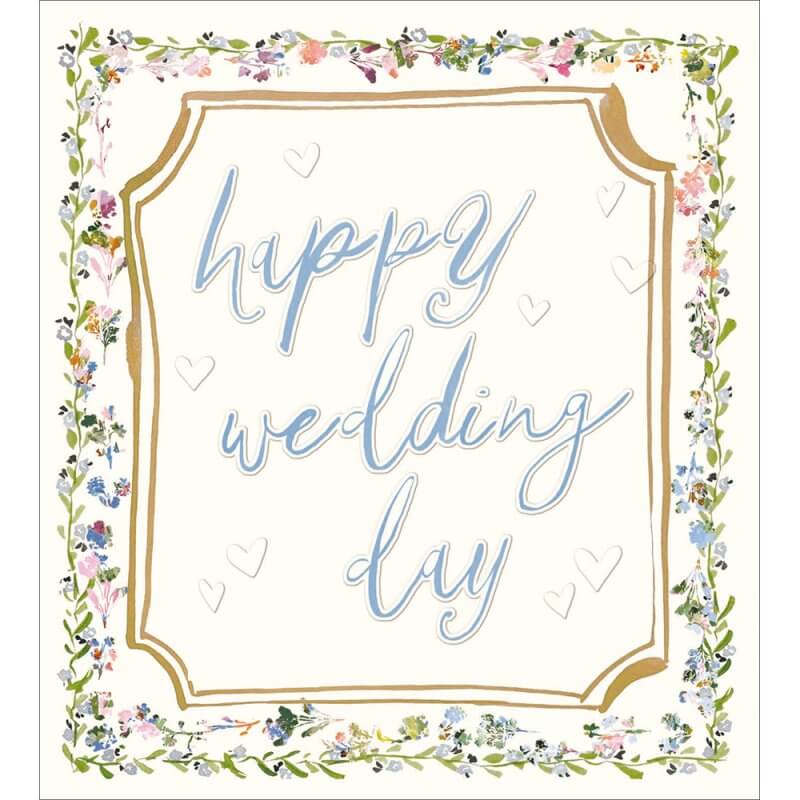 A square greeting card design with the words 'happy wedding day' in light blue cursive script inside a gold decorative frame, surrounded by a floral border on a cream background.