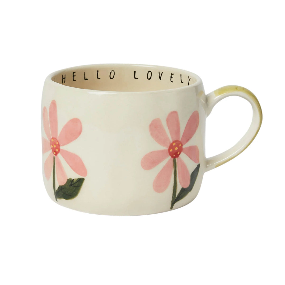 Stoneware mug with floral design and 'HELLO LOVELY' text on a white background