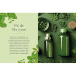 Nettle shampoo recipe with green bottles and leaves on a green background