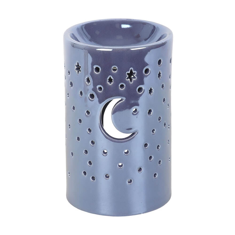 iridescent purple ceramic oil burner with star and moon designs for wax melts