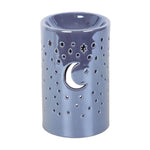 iridescent purple ceramic oil burner with star and moon designs for wax melts