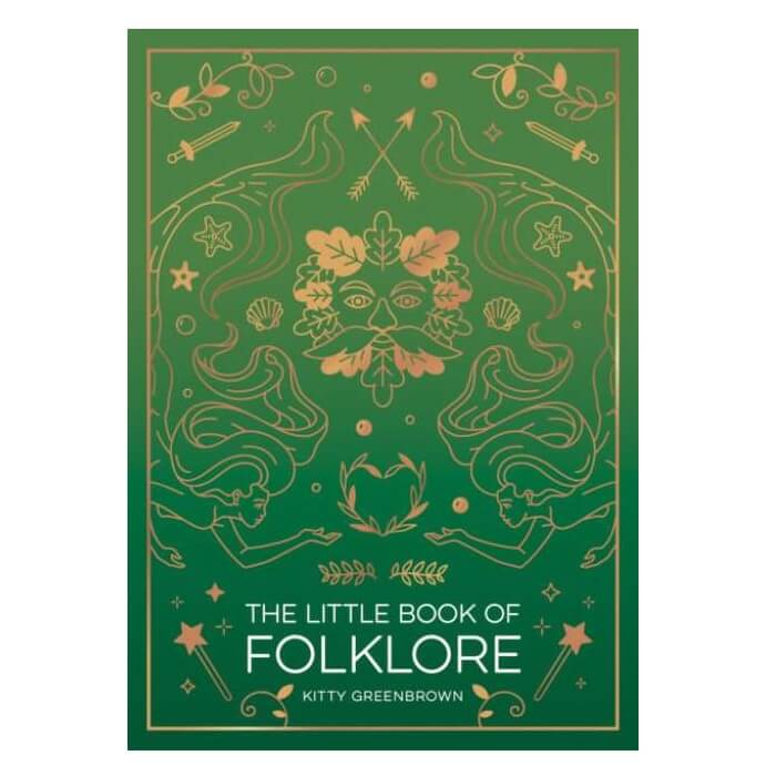 Book cover of 'The Little Book of Folklore' with green and gold design on a white background