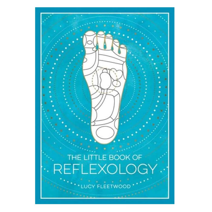 Book cover of 'The Little Book of Reflexology' by Lucy Fleetwood with a blue background and foot illustration.