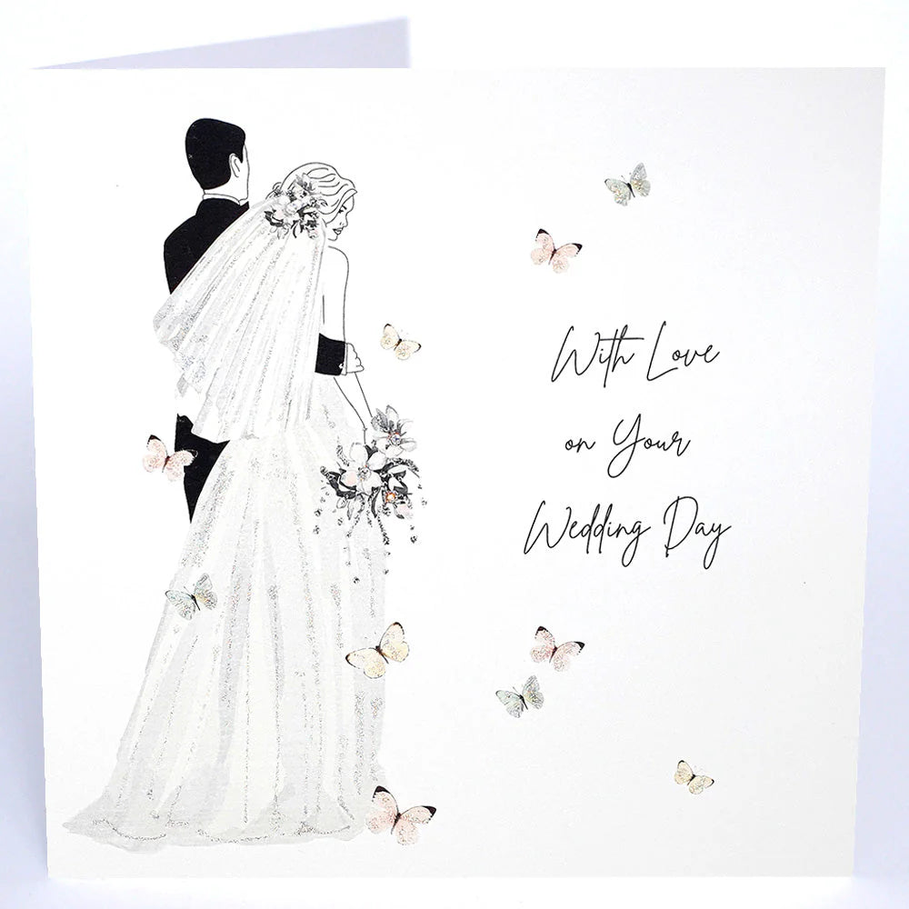 Wedding card with illustrations of a bride and groom, surrounded by butterflies.