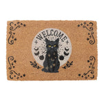 Doormat with a black cat design and 'Welcome' text on a beige background