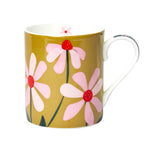 Pink Daisy Design on Olive Fine Bone Mug