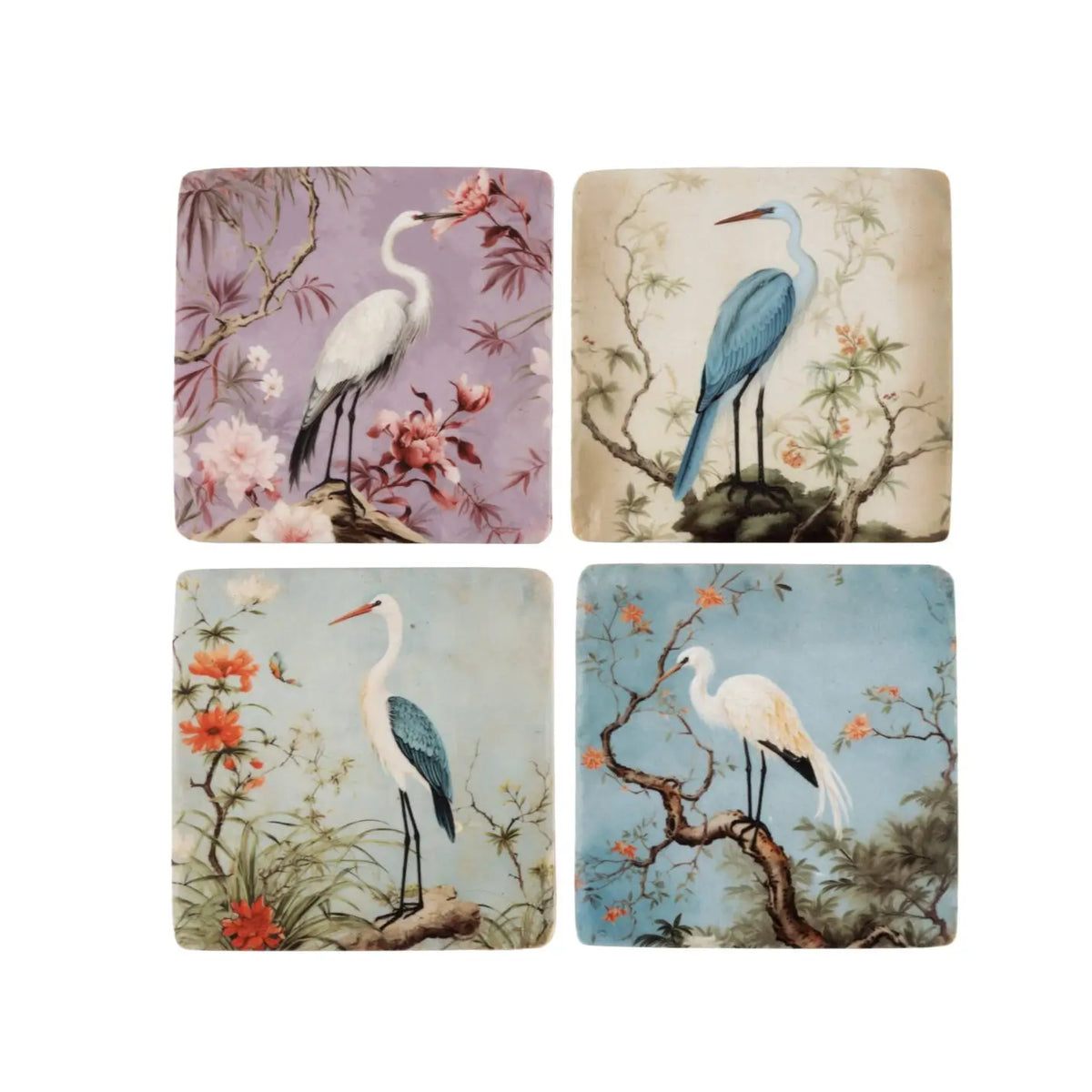 Set of four Oriental Crane coasters with bird and floral designs by London Ornaments