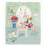 Illustrated Valentine's Day card with a window view, Eiffel Tower, and romantic elements on a light green background.