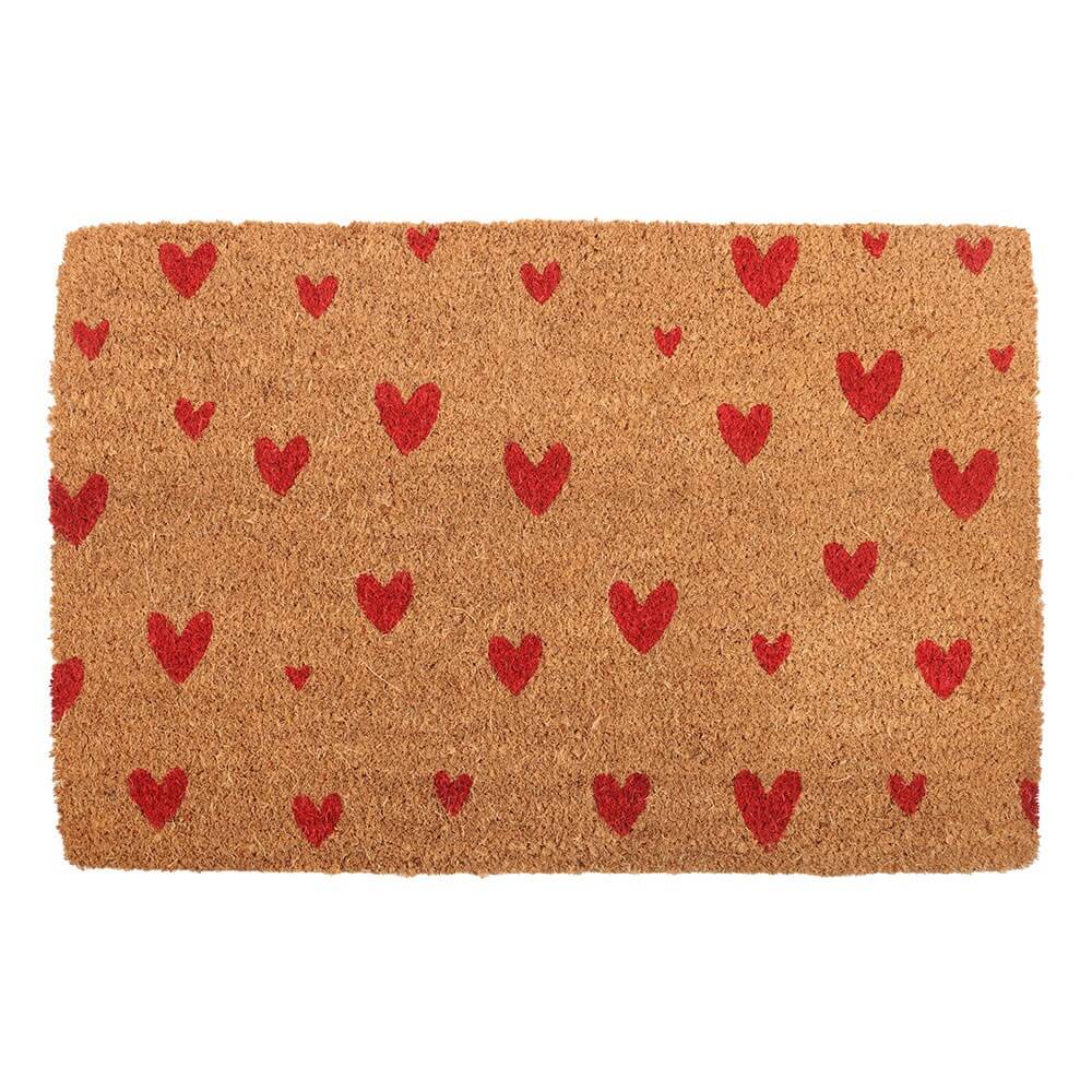 Red Love Hearts printed on a natural coir doormat