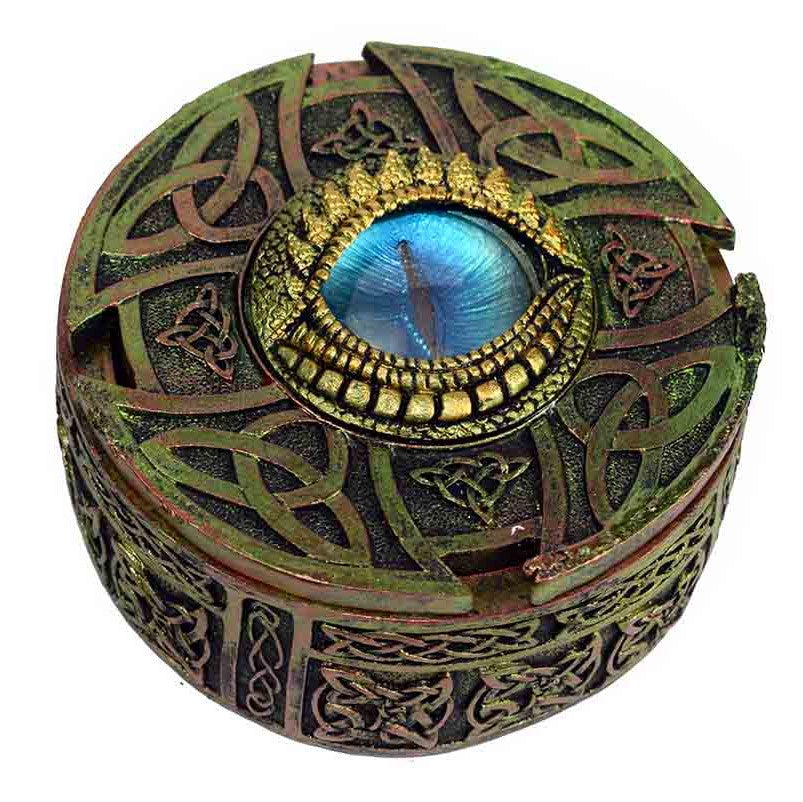 A round Blue Dragon Eye Trinket Box with Celtic inspired detail