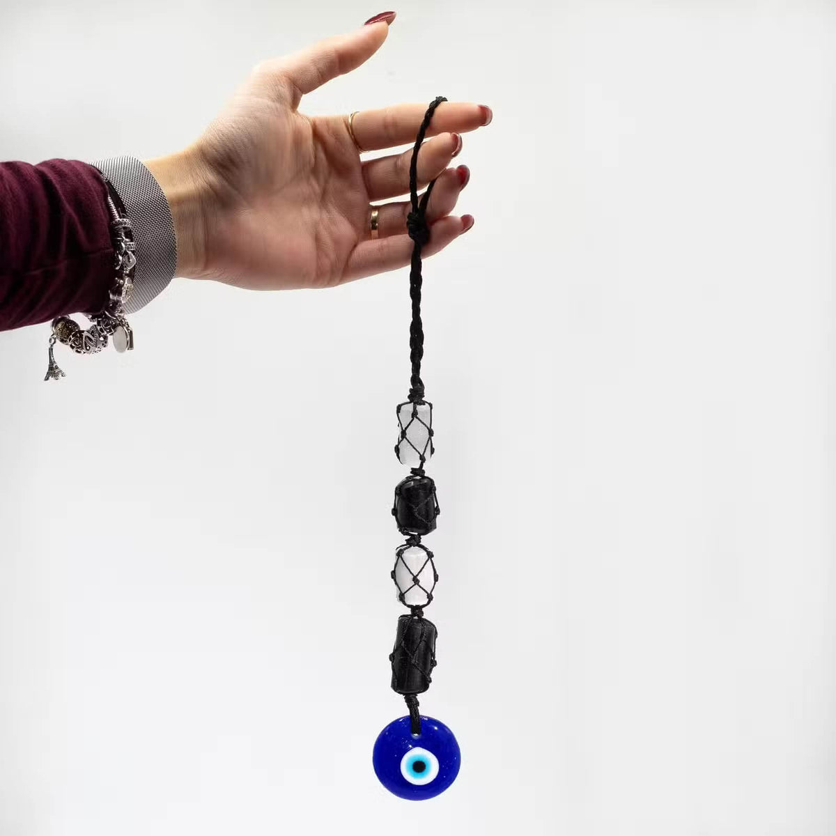 Selenite & Black Tourmaline Pendant with Blue Evil Eye