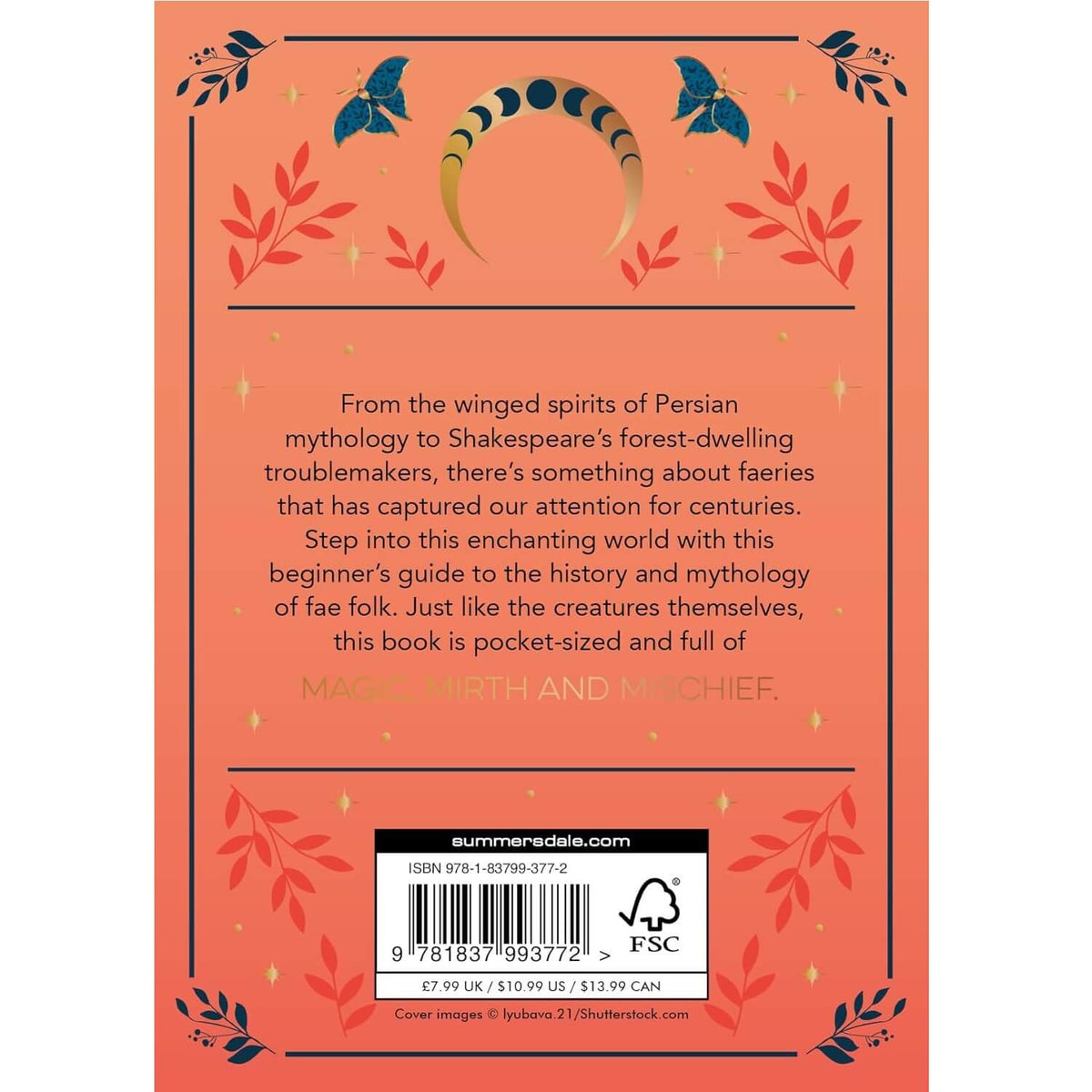 Back cover of a book with decorative elements and text about faeries and mythology.