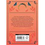 Back cover of a book with decorative elements and text about faeries and mythology.