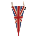 A Union Jack Flag pennant by Woven Magic- a triangle shape Union Jack flag in marine blue white and red.