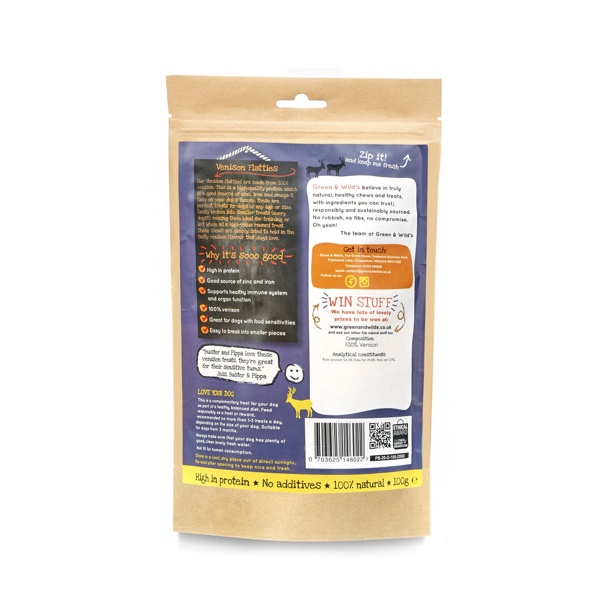 Green & Wilds Venison Dog Chew Flatties 100g