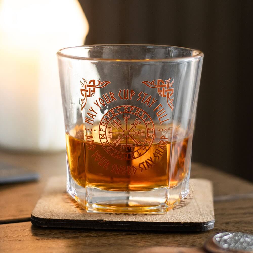 Viking Compass design lowball drinking glass with coaster