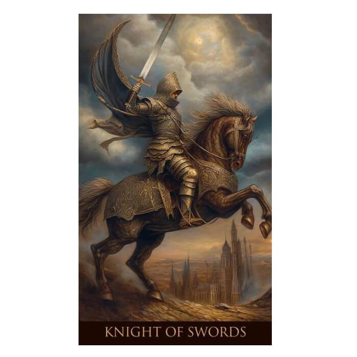 Knight of Swords Tarot Card from Whispers of Time Tarot Deck