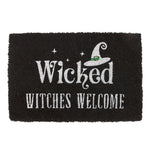 Black coir doormat with 'Wicked Witches Welcome' text and a witch hat design