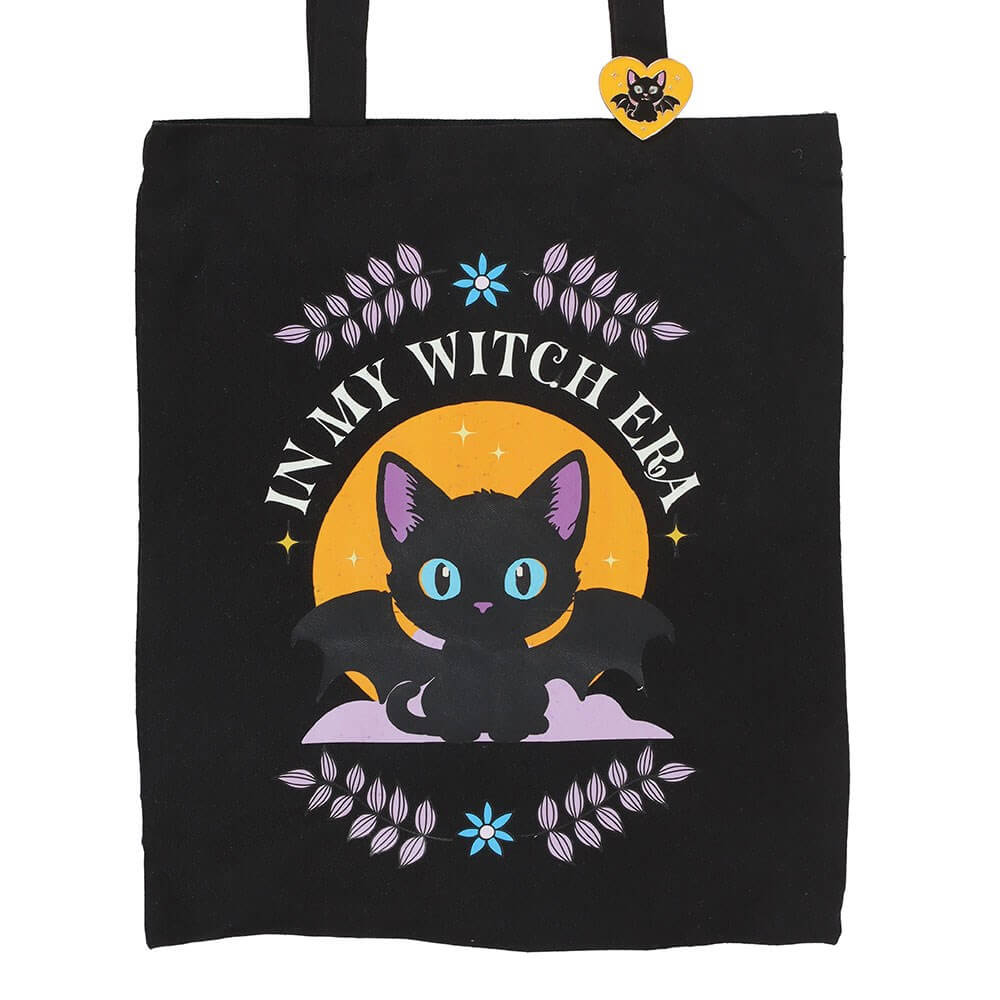 In My Witch Era Black Cat and Bat Polycotton Tote Bag with Enamel Pin Badge in Southend