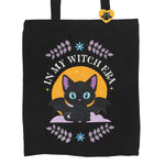In My Witch Era Black Cat and Bat Polycotton Tote Bag with Enamel Pin Badge in Southend