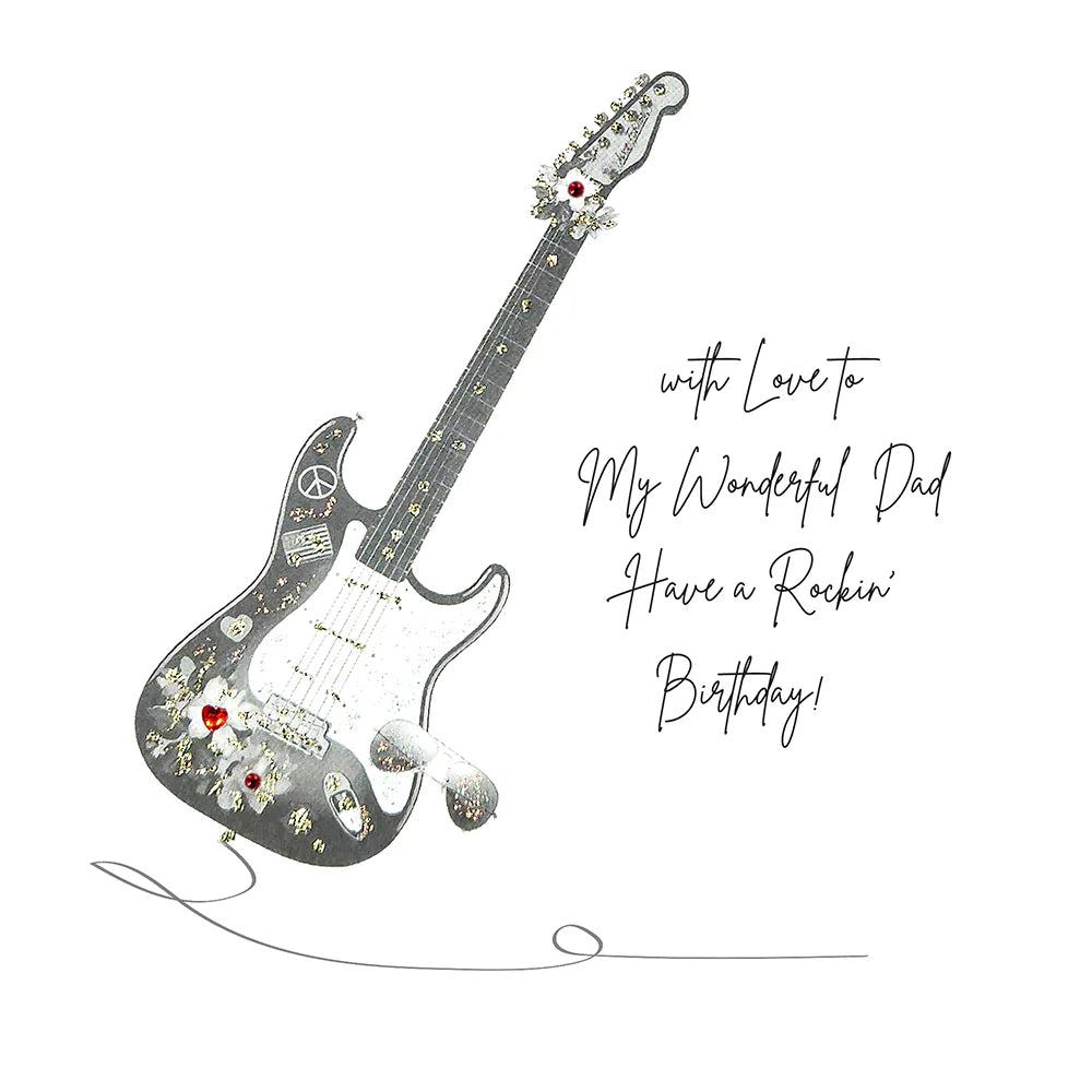 Dad birthday card with a black electric guitar, decorated with red hearts, and rock star pins, shown next to the handwritten text 'with Love to My Wonderful Dad Have a Rockin' Birthday!'.