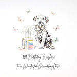 A Five Dollar Shake card featuring a Dalmatian puppy surrounded by butterflies and a stack of colourful books. The text at the bottom reads, '101 Birthday Wishes! To a Wonderful Granddaughter!'.