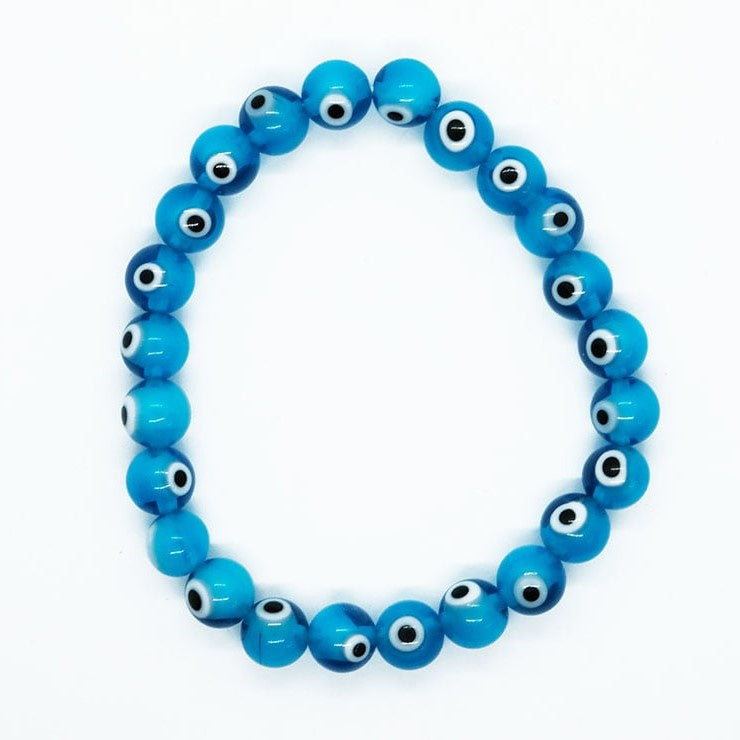 Light blue beaded bracelet with evil eye designs on each bead for protection
