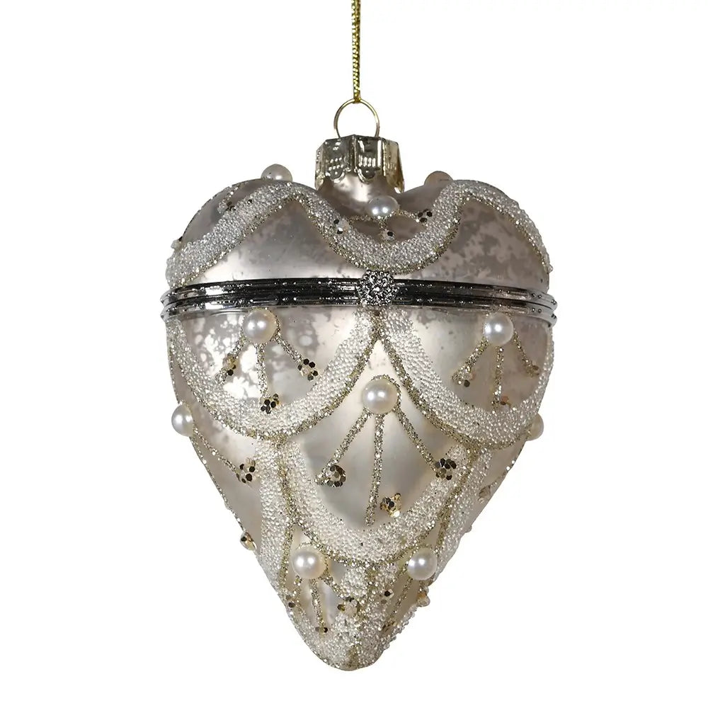 Silver Beaded Glass Heart Box Bauble