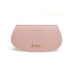 A pale pink glasses case with a textured vegan leather exterior and Alice Wheeler logo